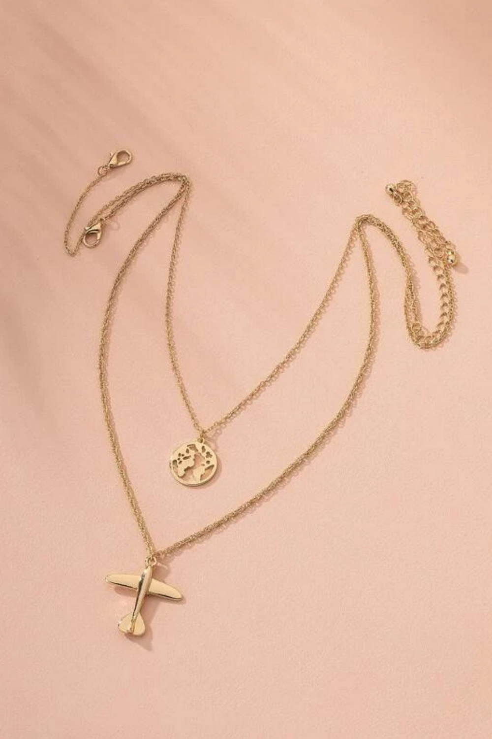 Gold Layering Necklace with Airplane and Earth Charms - Amelia Aviation