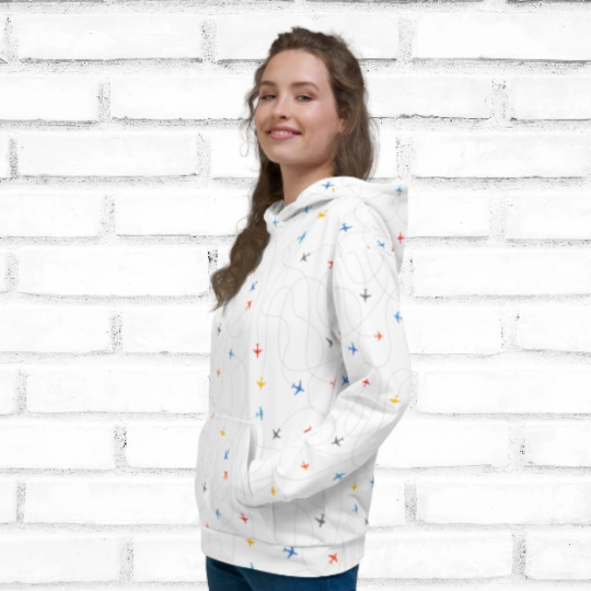 White Hooded Sweatshirt with Colored Airplanes - Unisex - Amelia
